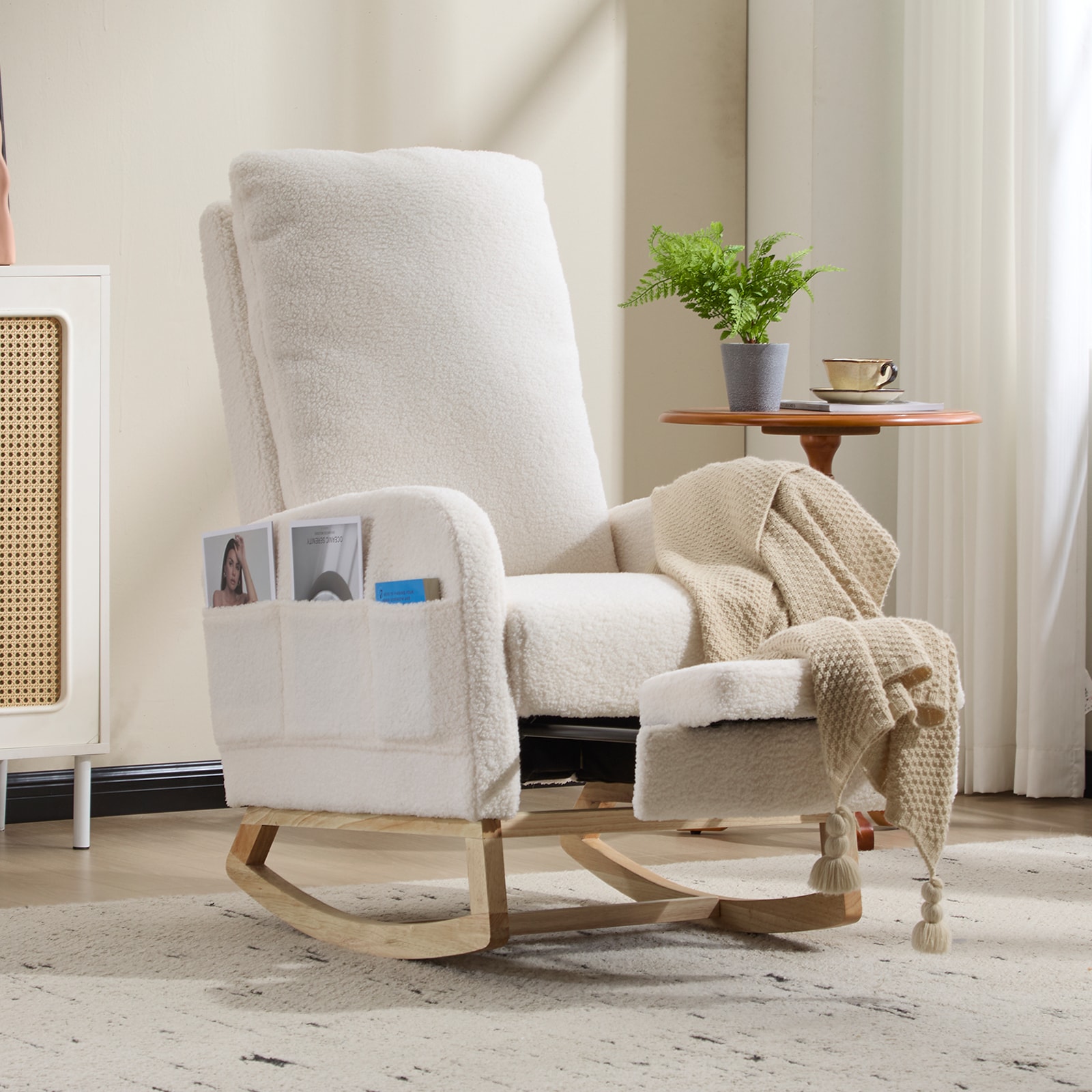 Modern Accent Rocking Chair Rocking Chair With Solid Wood Legs, Upholstered Nursery Glider Rocker, Comfy Armchair With Side Pocket, Living Room Lounge Arm Chair With High Backrest (White,teddy)_voghion.com